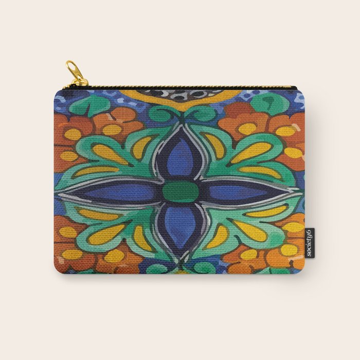 Maximalist leaves mexican flowers talavera pottery blue azulejo tile Carry All Pouch Gallery Image 1