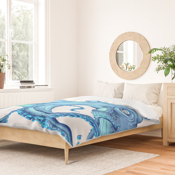 Blue Octopus on White Dance Ink Marine Nautical Duvet Cover Gallery Image 2