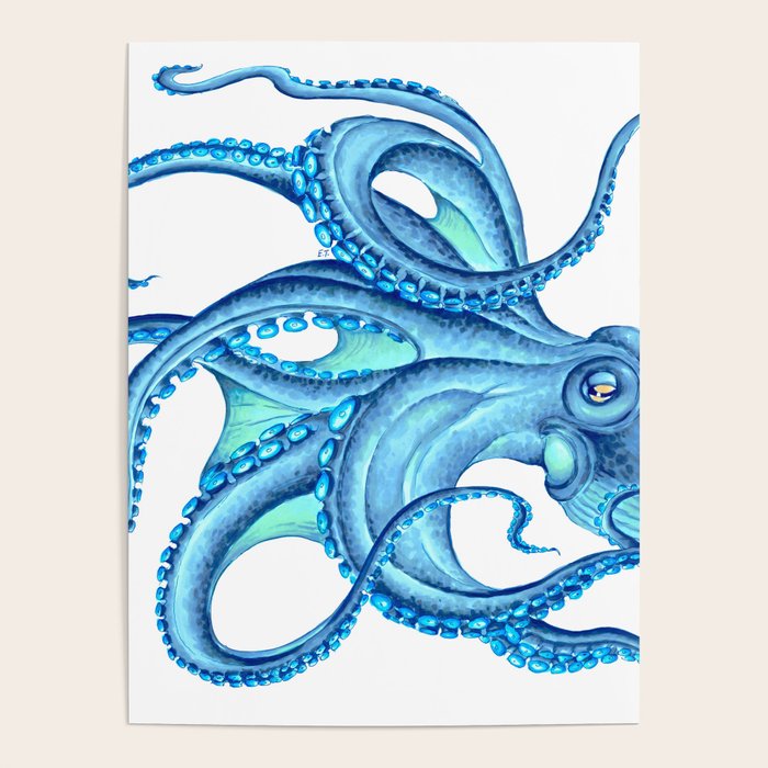 Blue Octopus on White Dance Ink Marine Nautical Poster Gallery Image 1