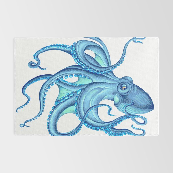 Blue Octopus on White Dance Ink Marine Nautical Rug Gallery Image 2