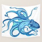 Blue Octopus on White Dance Ink Marine Nautical Wall Tapestry Gallery Image 4