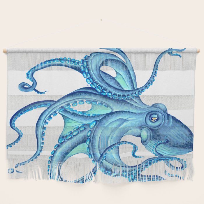 Blue Octopus on White Dance Ink Marine Nautical Wall Hanging Gallery Image 1