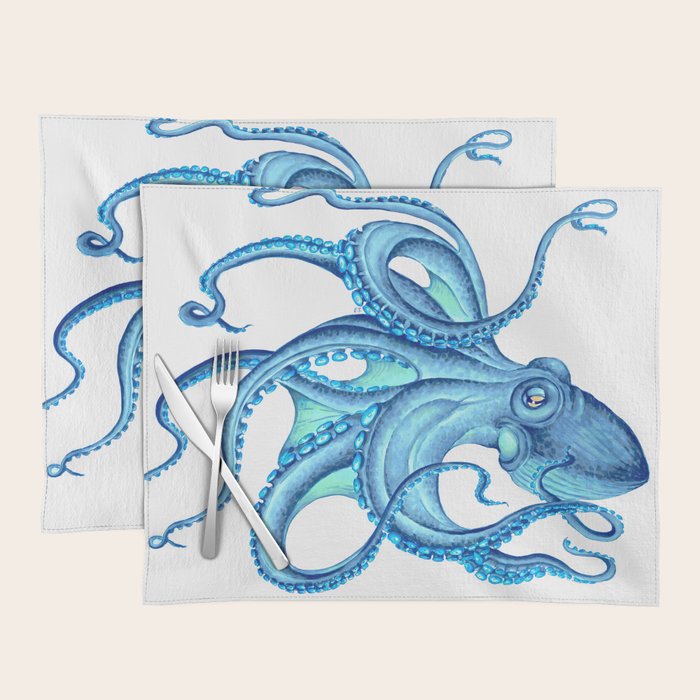 Blue Octopus on White Dance Ink Marine Nautical Placemat Gallery Image 1