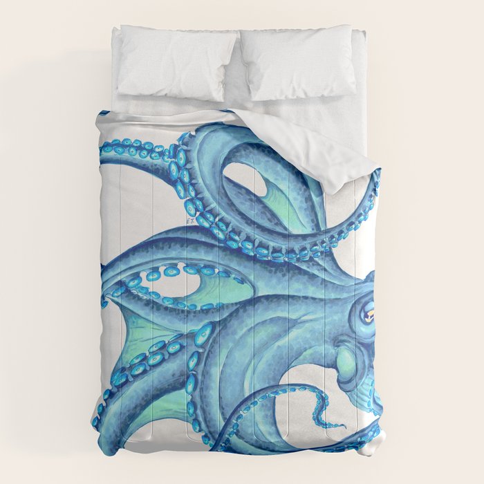 Blue Octopus on White Dance Ink Marine Nautical Comforter Gallery Image 6