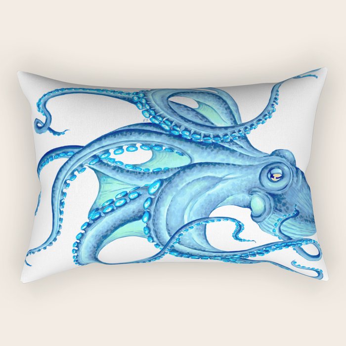 Blue Octopus on White Dance Ink Marine Nautical Rectangular Pillow Gallery Image 2