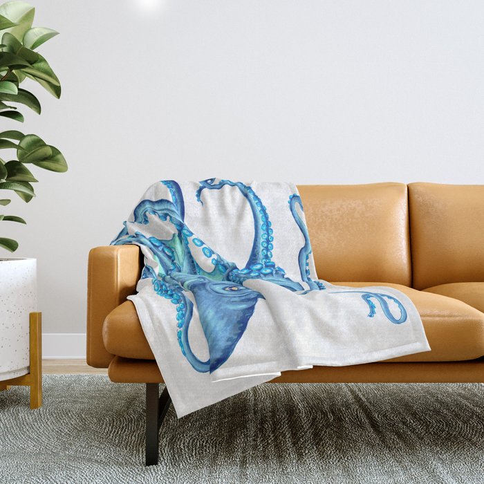 Blue Octopus on White Dance Ink Marine Nautical Throw Blanket Gallery Image 1