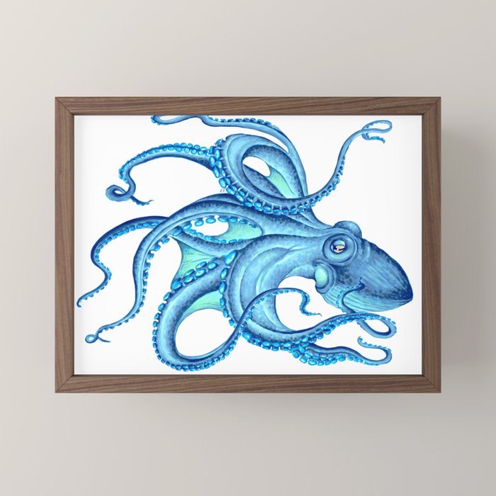 Blue Octopus on White Dance Ink Marine Nautical Mini Art Print Gallery Image 2
