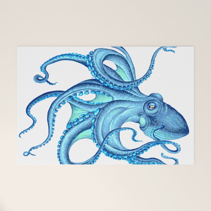 Blue Octopus on White Dance Ink Marine Nautical Welcome Mat Gallery Image 1