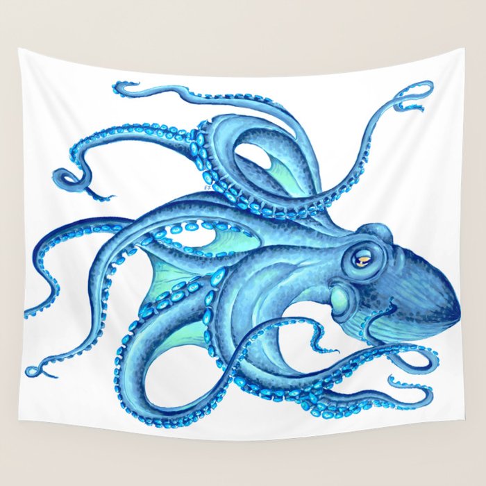 Blue Octopus on White Dance Ink Marine Nautical Wall Tapestry Gallery Image 1
