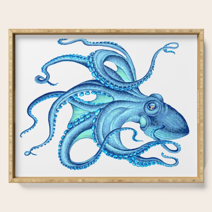 Blue Octopus on White Dance Ink Marine Nautical Serving Tray Gallery Image 1