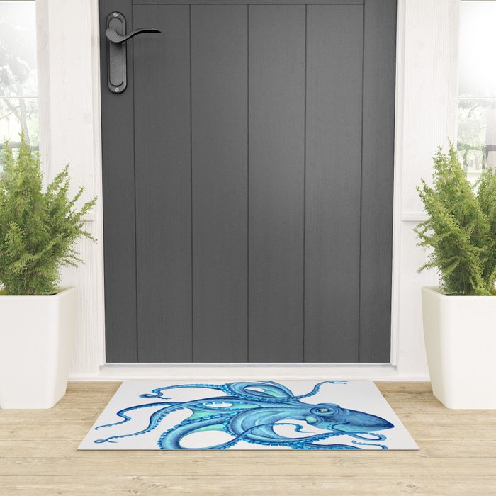 Blue Octopus on White Dance Ink Marine Nautical Welcome Mat Gallery Image 3