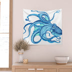 Blue Octopus on White Dance Ink Marine Nautical Wall Tapestry Gallery Image 2