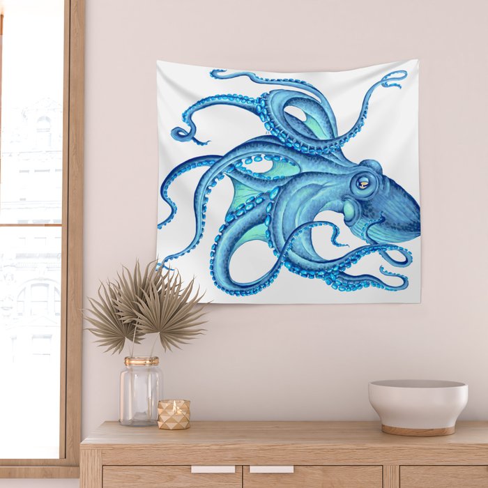 Blue Octopus on White Dance Ink Marine Nautical Wall Tapestry Gallery Image 2