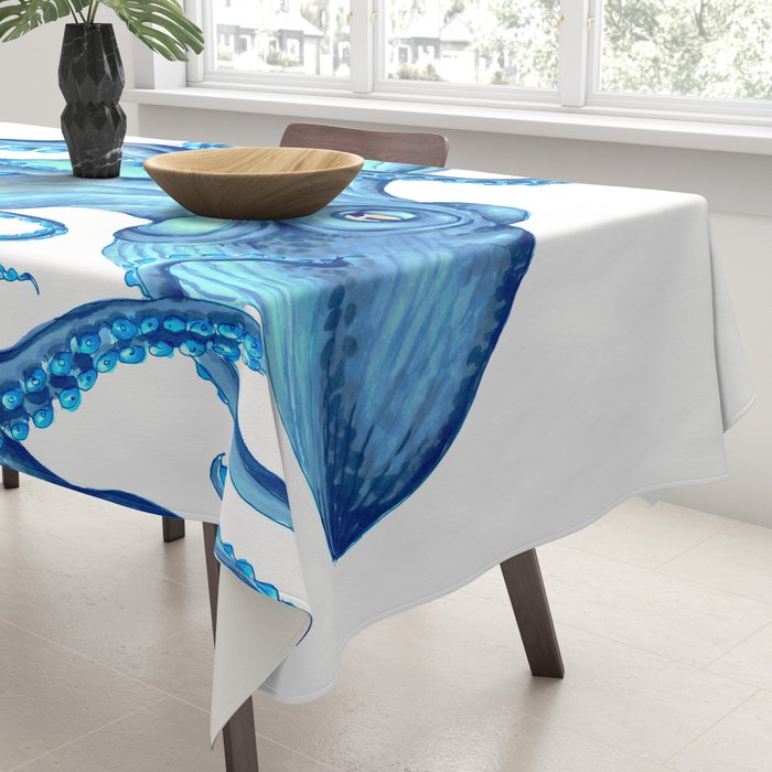 Blue Octopus on White Dance Ink Marine Nautical Tablecloth Gallery Image 3