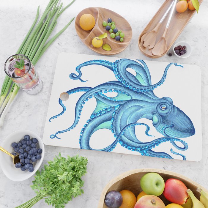 Blue Octopus on White Dance Ink Marine Nautical Cutting Board Gallery Image 2