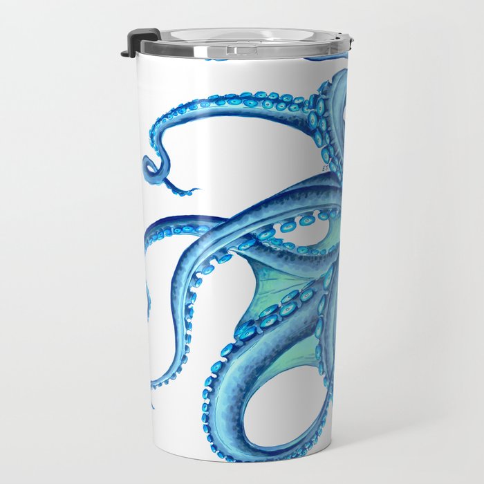 Blue Octopus on White Dance Ink Marine Nautical Travel Mug Gallery Image 3