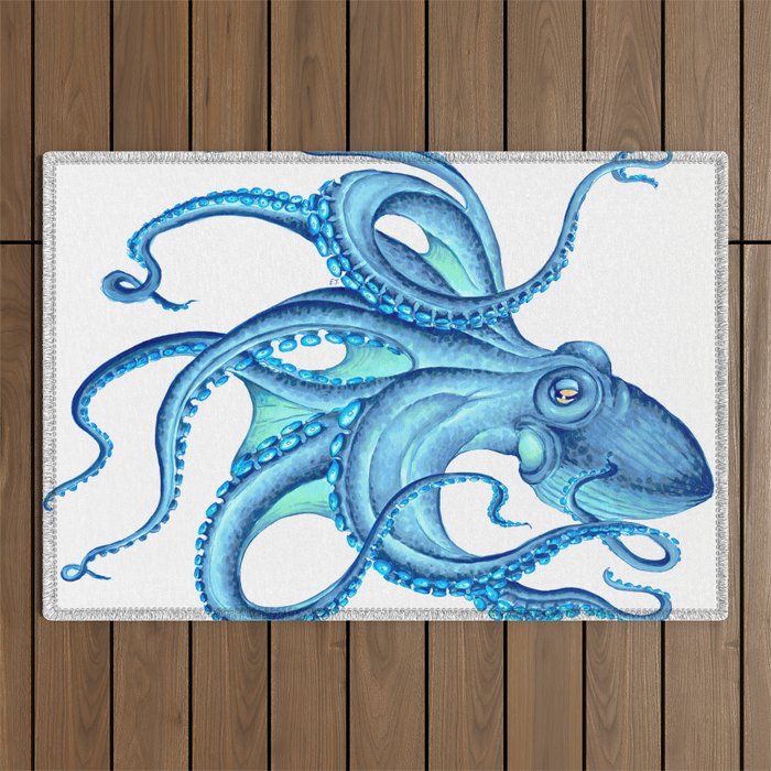 Blue Octopus on White Dance Ink Marine Nautical Outdoor Rug Gallery Image 1