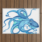 Blue Octopus on White Dance Ink Marine Nautical Outdoor Rug Gallery Image 1