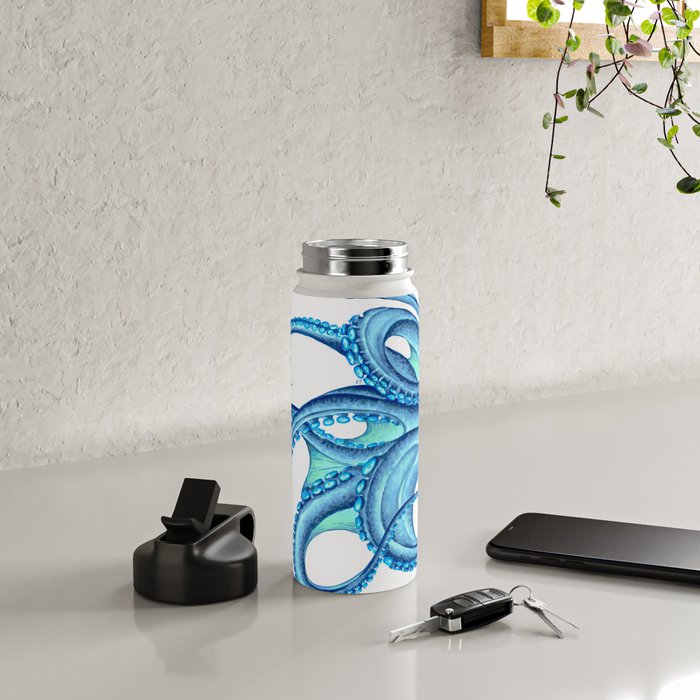 Blue Octopus on White Dance Ink Marine Nautical Water Bottle Gallery Image 4