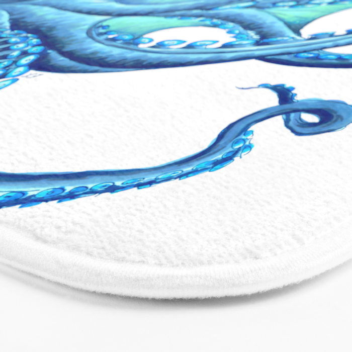 Blue Octopus on White Dance Ink Marine Nautical Bath Mat Gallery Image 3