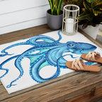 Blue Octopus on White Dance Ink Marine Nautical Outdoor Rug Gallery Image 2
