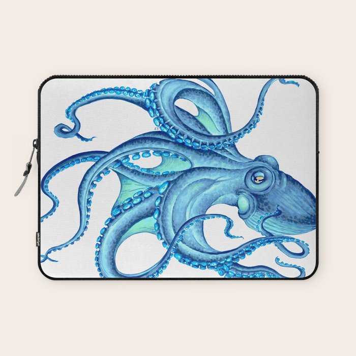 Blue Octopus on White Dance Ink Marine Nautical Laptop Sleeve