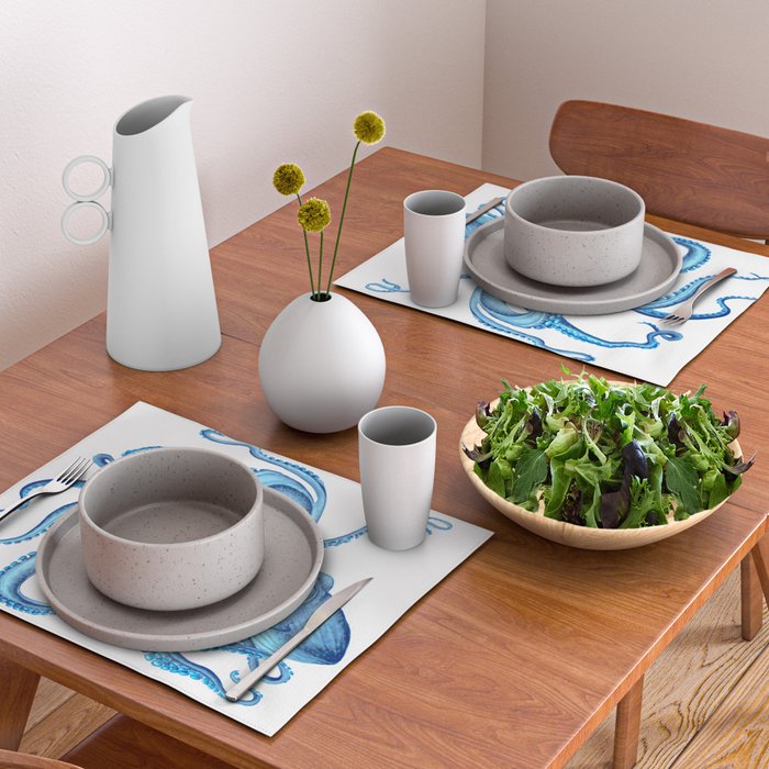 Blue Octopus on White Dance Ink Marine Nautical Placemat Gallery Image 2