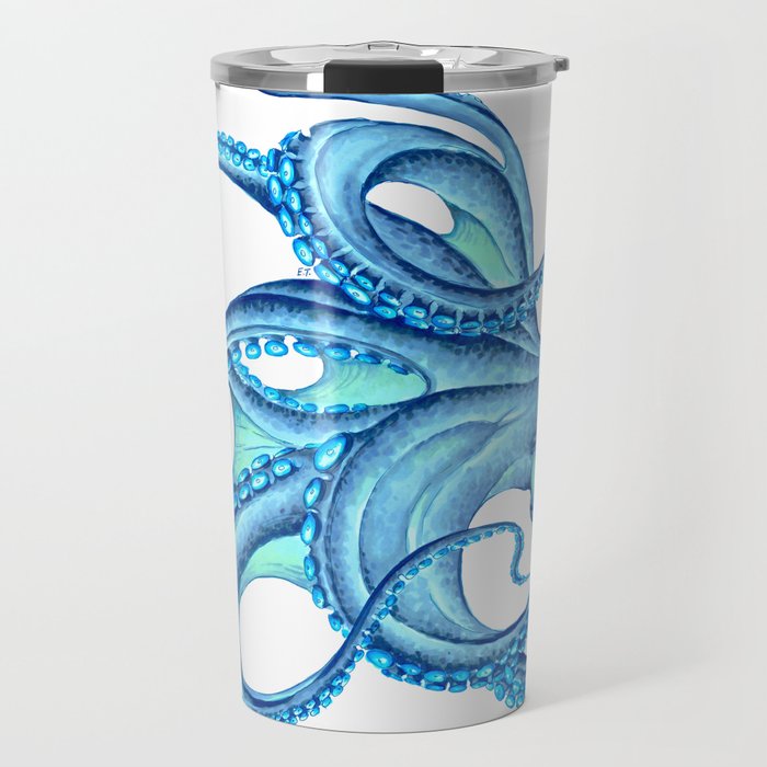 Blue Octopus on White Dance Ink Marine Nautical Travel Mug Gallery Image 1