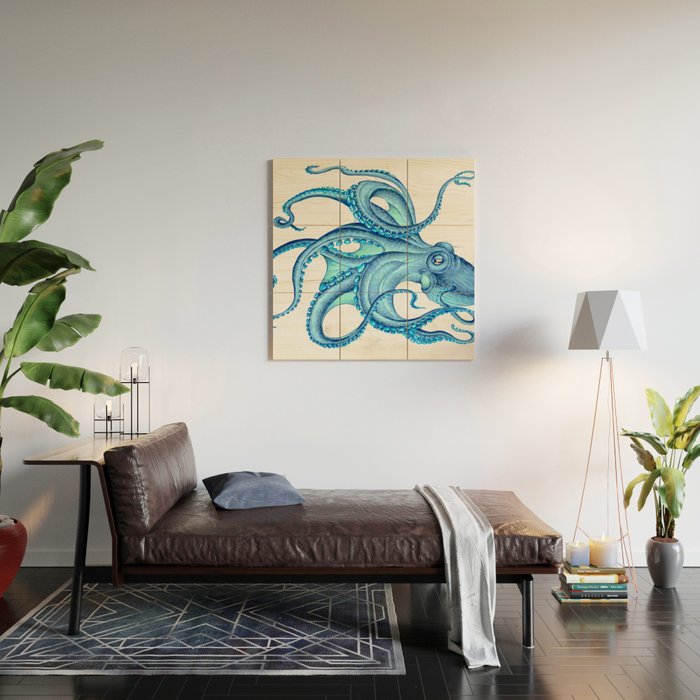 Blue Octopus on White Dance Ink Marine Nautical Wood Wall Art Gallery Image 2