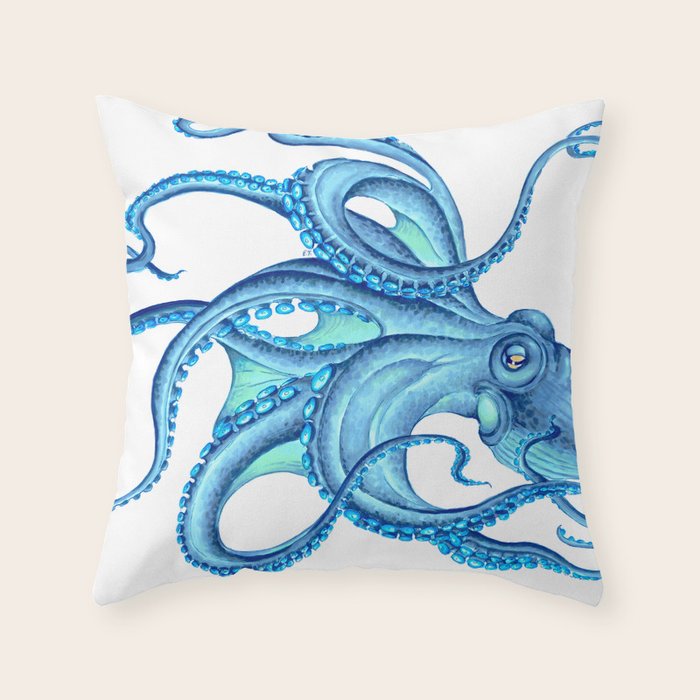Blue Octopus on White Dance Ink Marine Nautical Throw Pillow Gallery Image 6
