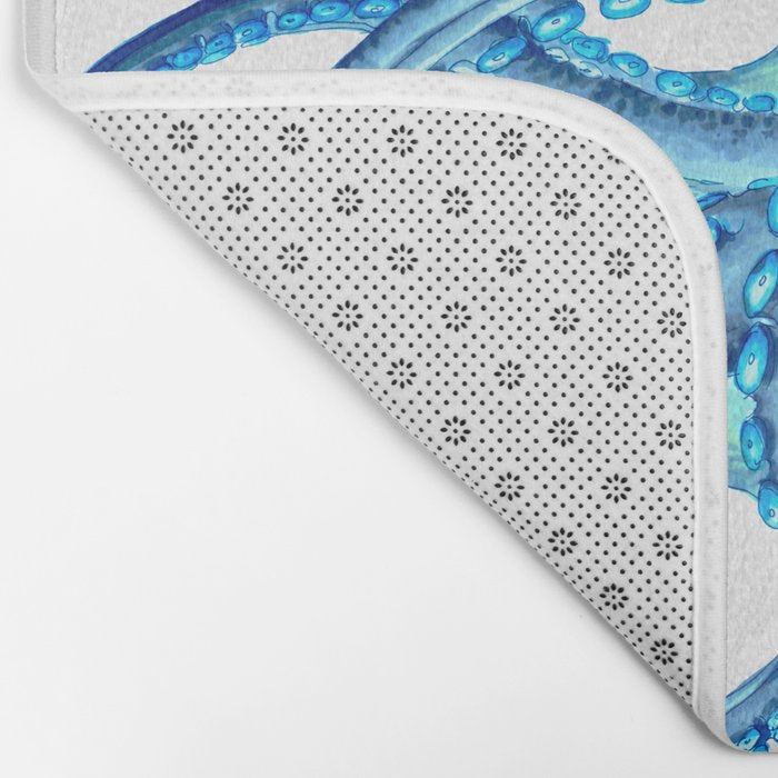 Blue Octopus on White Dance Ink Marine Nautical Bath Mat Gallery Image 2