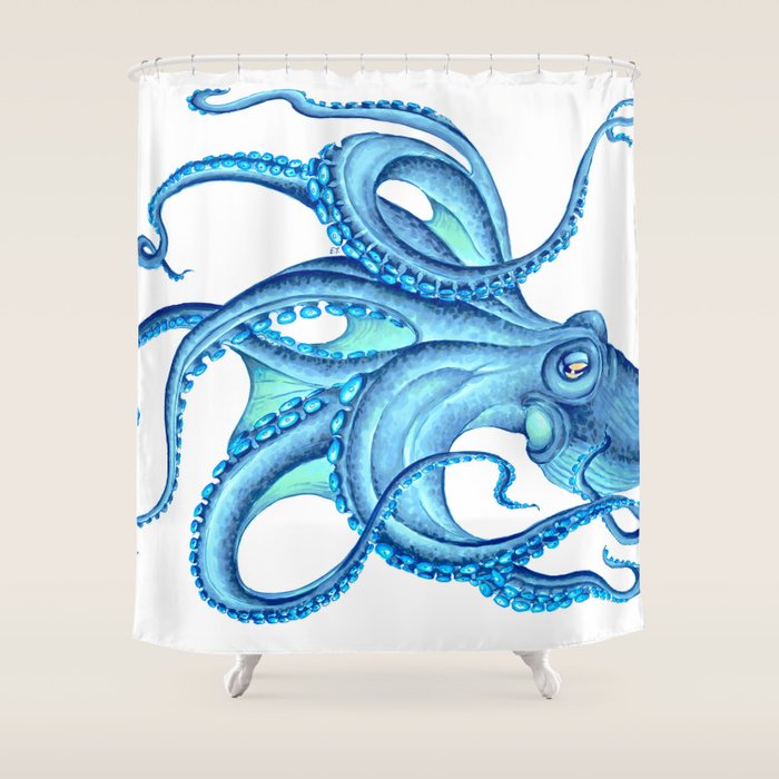 Blue Octopus on White Dance Ink Marine Nautical Shower Curtain
