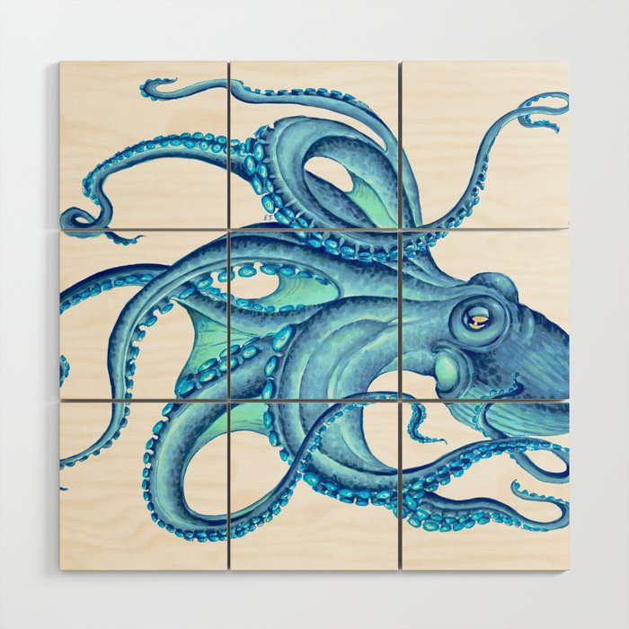 Blue Octopus on White Dance Ink Marine Nautical Wood Wall Art Gallery Image 1