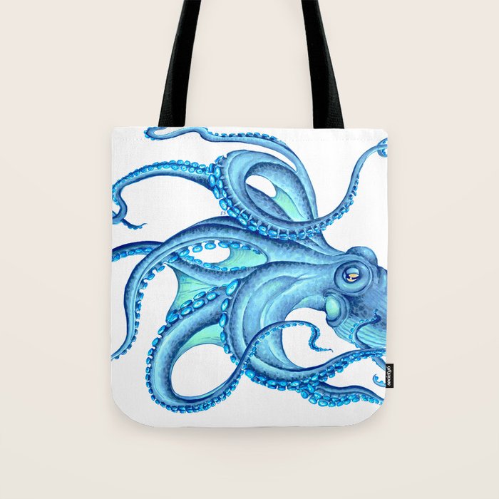 Blue Octopus on White Dance Ink Marine Nautical Tote Bag Gallery Image 1