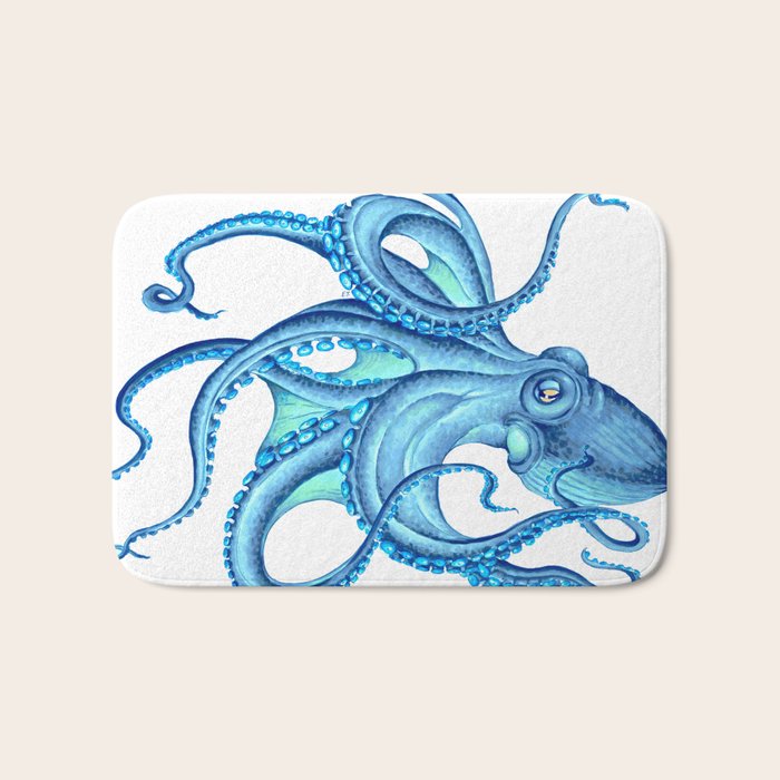 Blue Octopus on White Dance Ink Marine Nautical Bath Mat Gallery Image 1