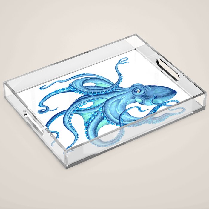 Blue Octopus on White Dance Ink Marine Nautical Acrylic Tray Gallery Image 1
