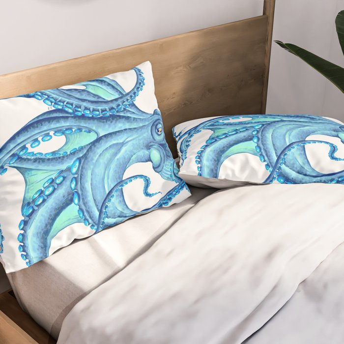 Blue Octopus on White Dance Ink Marine Nautical Pillow Sham Gallery Image 2