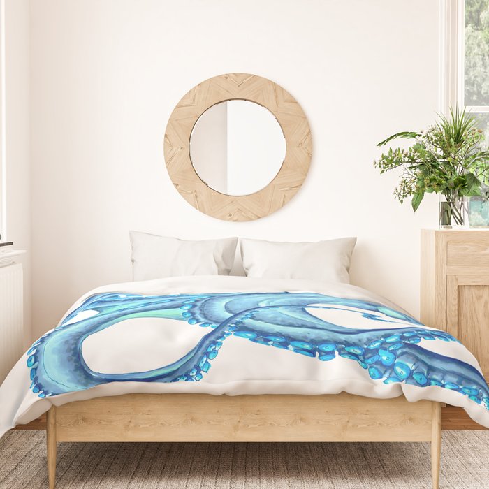 Blue Octopus on White Dance Ink Marine Nautical Duvet Cover Gallery Image 3