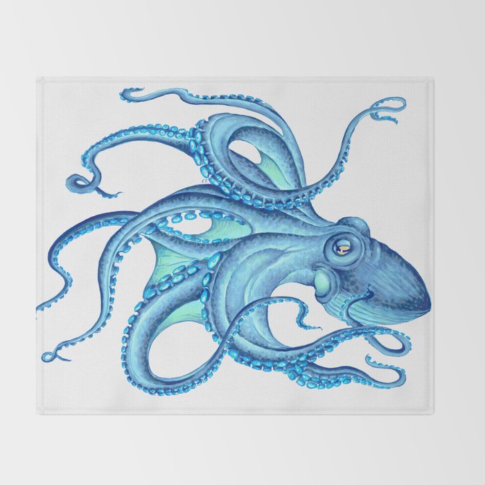 Blue Octopus on White Dance Ink Marine Nautical Throw Blanket Gallery Image 2