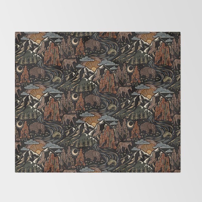 Wild West - dark brown, rust, green, and black Throw Blanket Gallery Image 2