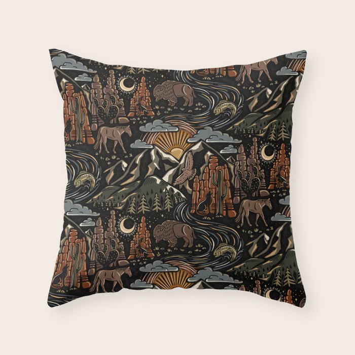 Wild West - dark brown, rust, green, and black Throw Pillow Gallery Image 1