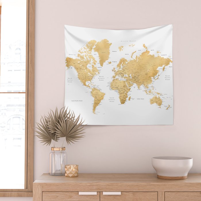 Gold world map with cities Wall Tapestry Gallery Image 2