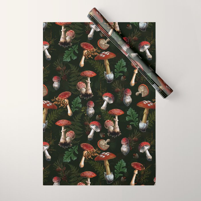 Vintage Dark Night Mushroom Forest Wrapping Paper Gallery Image 1