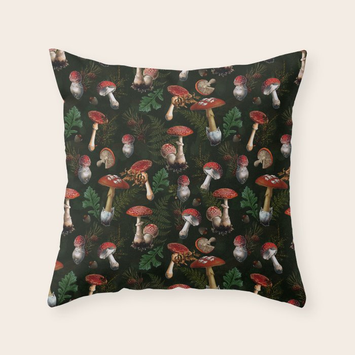 Vintage Dark Night Mushroom Forest Throw Pillow Gallery Image 6