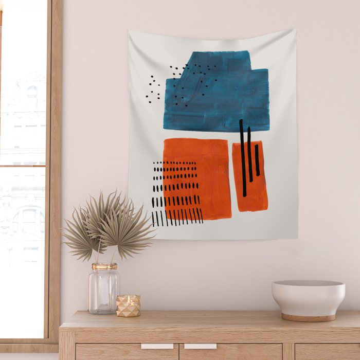 Burnt Orange Jewel Teal Blue Mid Century Modern Funky Colorful Shapes Patterns by Ejaaz Haniff Wall Tapestry Gallery Image 2