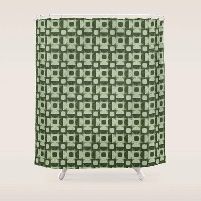 Retro Texture Geometric Squares And Circles Pattern No 5 Sage Green Black White Shower Curtain Gallery Image 1