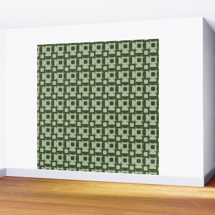 Retro Texture Geometric Squares And Circles Pattern No 5 Sage Green Black White Wall Mural Gallery Image 2