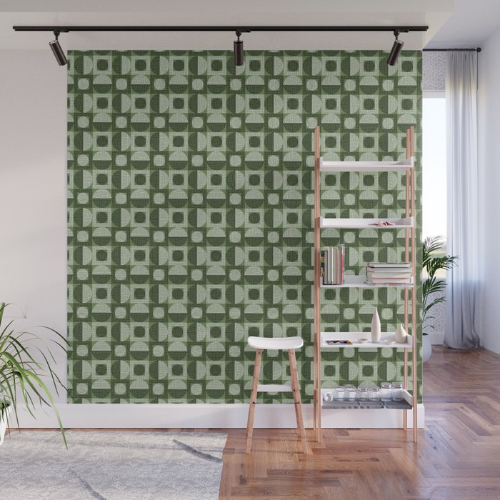 Retro Texture Geometric Squares And Circles Pattern No 5 Sage Green Black White Wall Mural Gallery Image 1