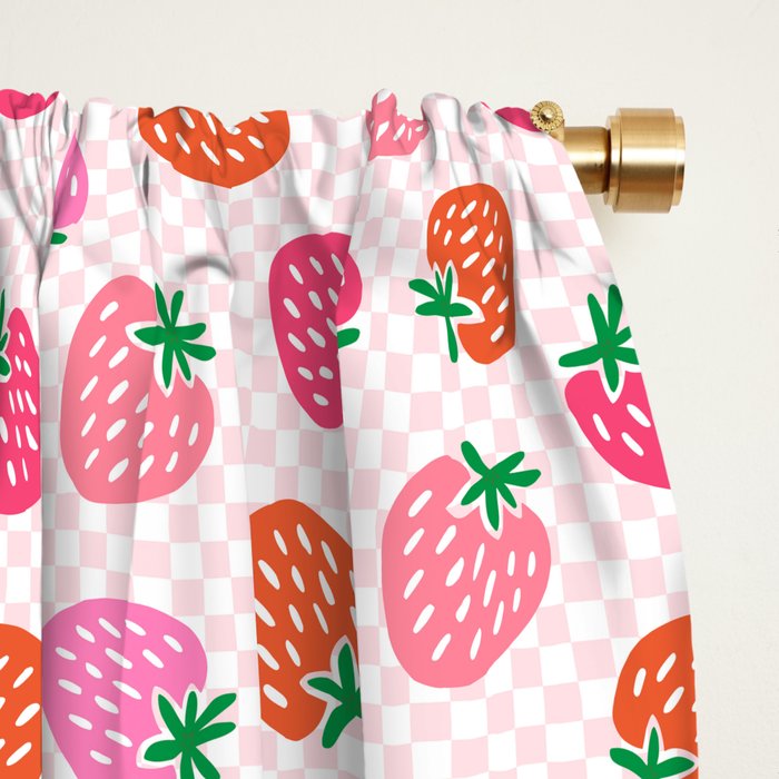 Strawberry Toss on Checks - Pink and Green Window Curtain Gallery Image 2