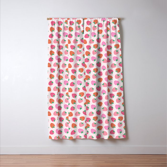 Strawberry Toss on Checks - Pink and Green Window Curtain Gallery Image 3